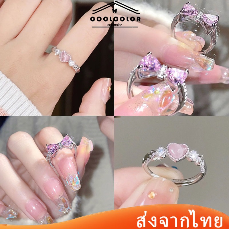 ในไทย❤️แหวนรักหัวใจเทียมแมวตาแหวนหินผู้หญิงสีชมพูเครื่องประดับแฟชั่นเกาหลีCOD
