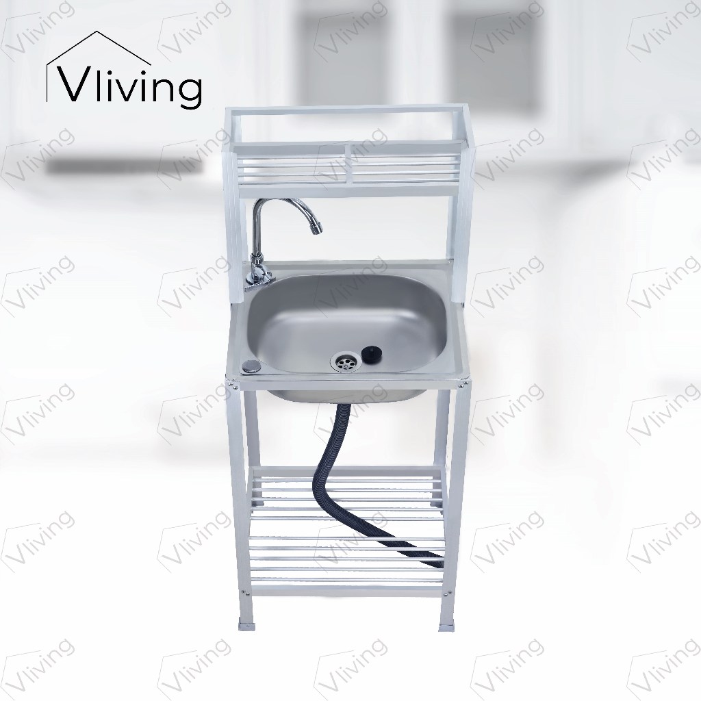 Vliving ซิ้งค์ล้างจาน อ่างล้างจาน สแตนเลส 3 ชั้น เล็ก มีบน โครงอลูมิเนียม (50x40cm.)