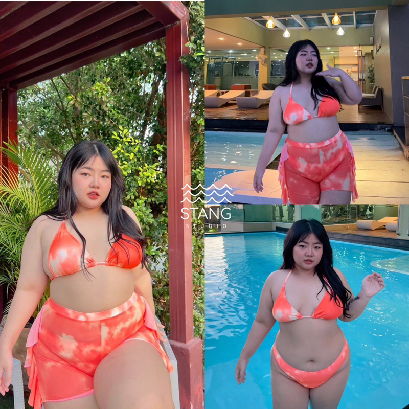 ชุดว่ายน้ำสาวอวบสาวอ้วน bigsize 3ชิ้น มัดย้อมส้ม บิกินี่+กางเกงขาสั้นแต่งคีบ