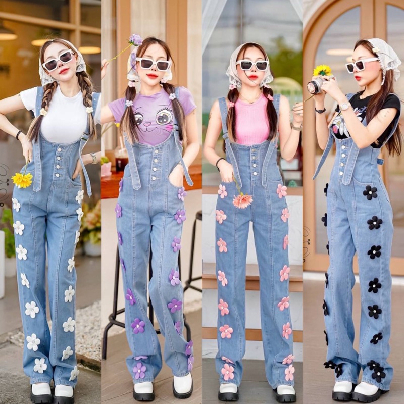 ชุดเอี๊ยมกางเกงยีนส์ทรงกระบอก ปักดอกไม้3D🌼🌸 งานทำมือ S-6XL