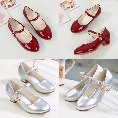 พร้อมส่ง รองเท้าคัทชูส้นสูงหนังแก้วสีแดงไวน์เด็กผู้หญิง รองเท้าใส่ออกงาน