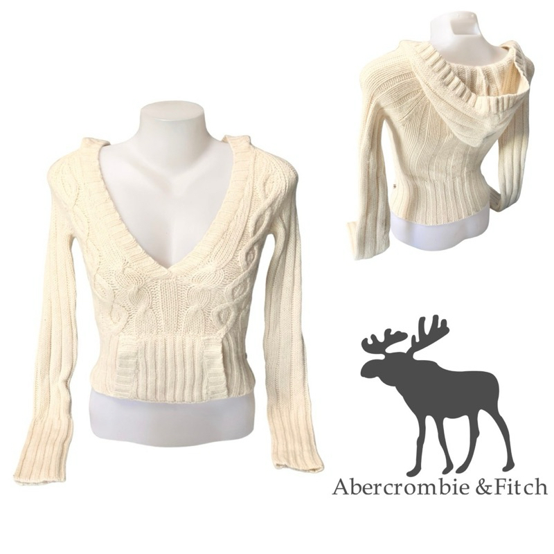 Abercrombie&Fitch เสื้อฮู้ดไหมพรม สีครีม แขนยาว เสื้อกันหนาวผู้หญิง