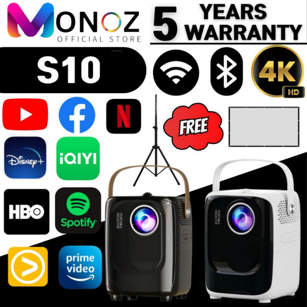 Monoz (รุ่นใหม่ 2023) Projector S10 มินิโปรเจคเตอร์โฮมเธียเตอร์ Android Smart TV Micro Projector แบบพกพา
