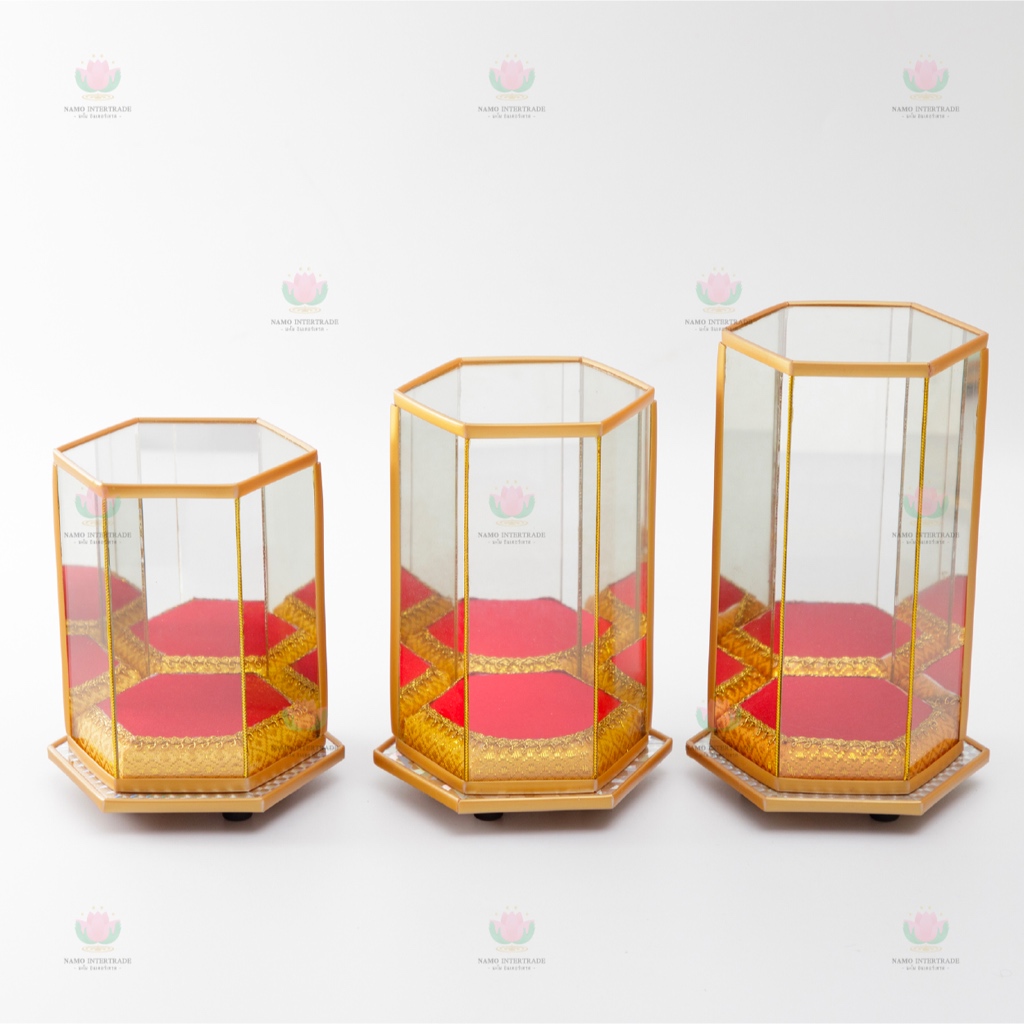 กล่องใส่พระ หกเหลี่ยมเงา  ครอบพระ กระจกอลูมิเนียม