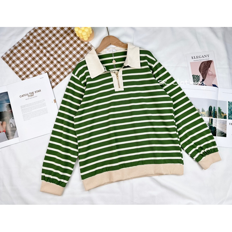 R47เสื้อแขนยาวลายขวางคอปกซิบ