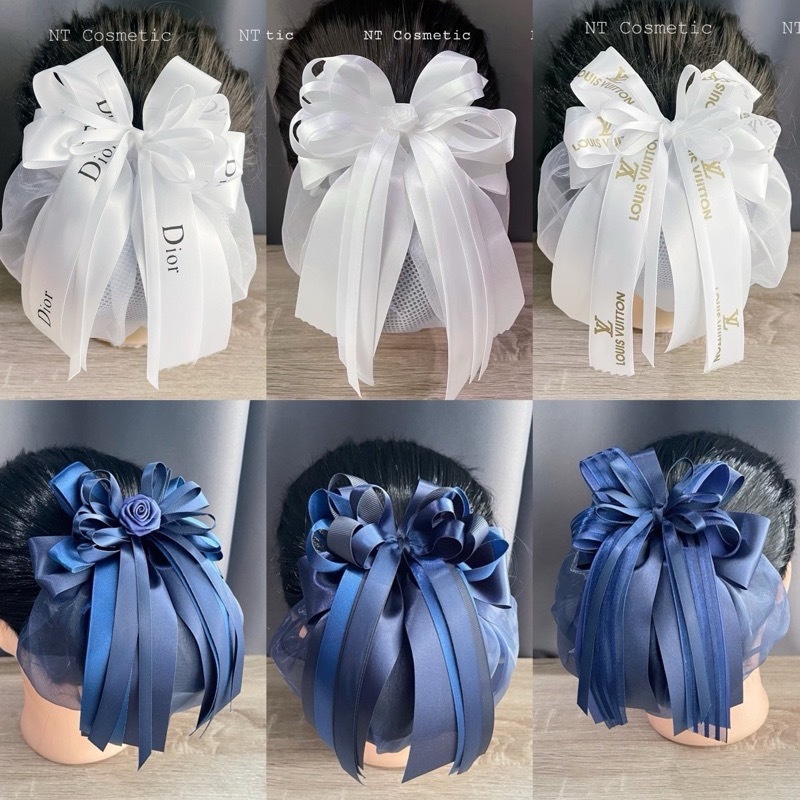 NT🌈 ( G ) เน็ตคลุมผม เน็ตติดผม ( ขาว , กรม ) รุ่นโบว์ฟรุ้งฟริ้ง งานผ้าแก้ว