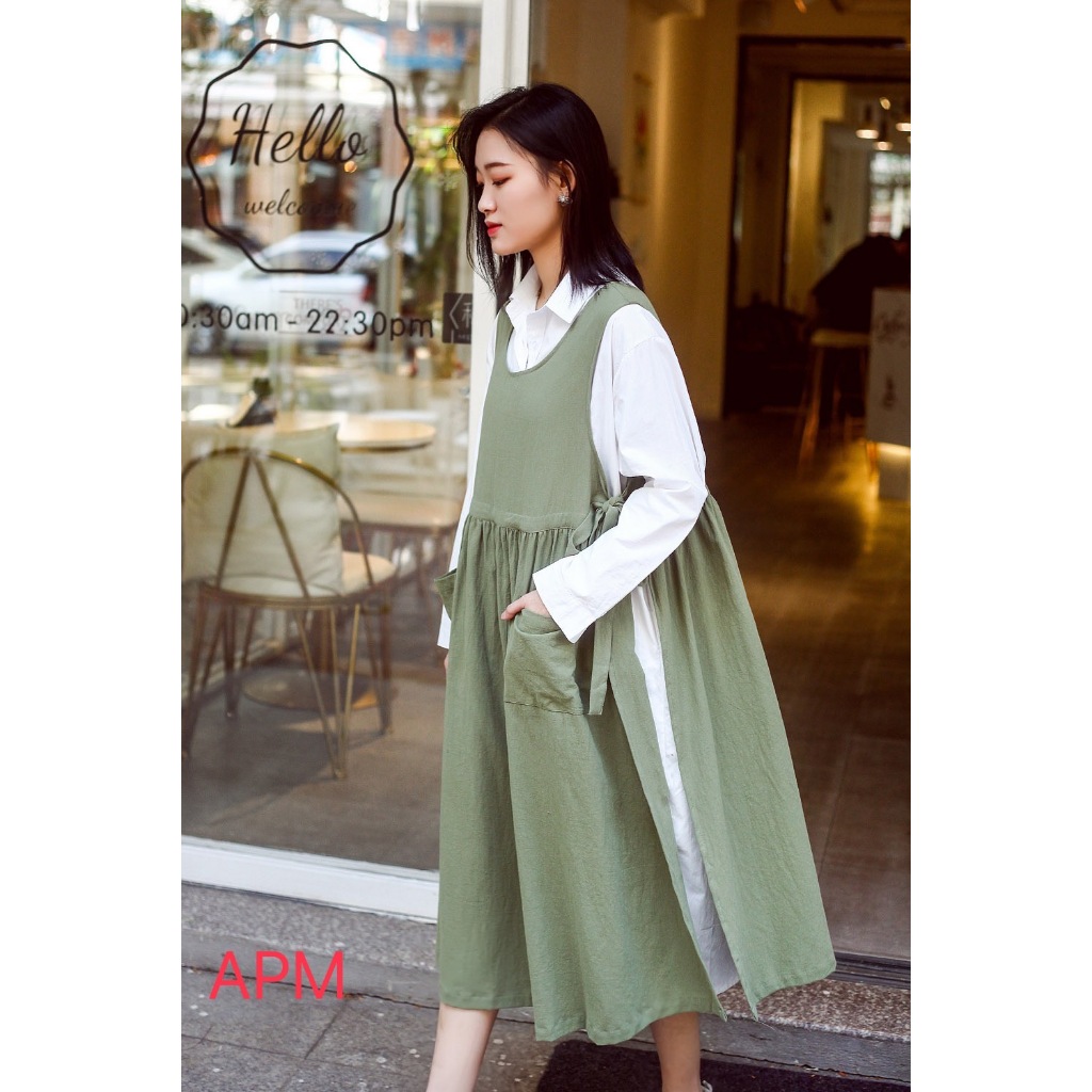 Apron กันเปื้อน ผ้ากันเปื้อน สไตล์ญี่ปุ่น พร้อมส่งทุกวัน ผ้าคอตตอน ลินิน พรีเมียม แบบสวมใส่สบาย ฟรีไซค์ไซค์ใหญ่ใส่ได้