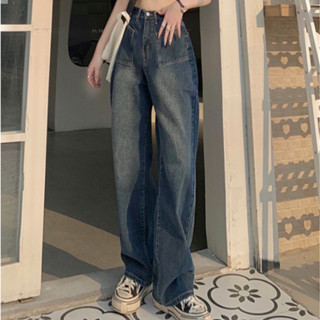 S-12XL กางเกงยีนส์ขายาวเอวสูง กางเกงยีนส์ขายาวทรงทรงกระบอก แ…