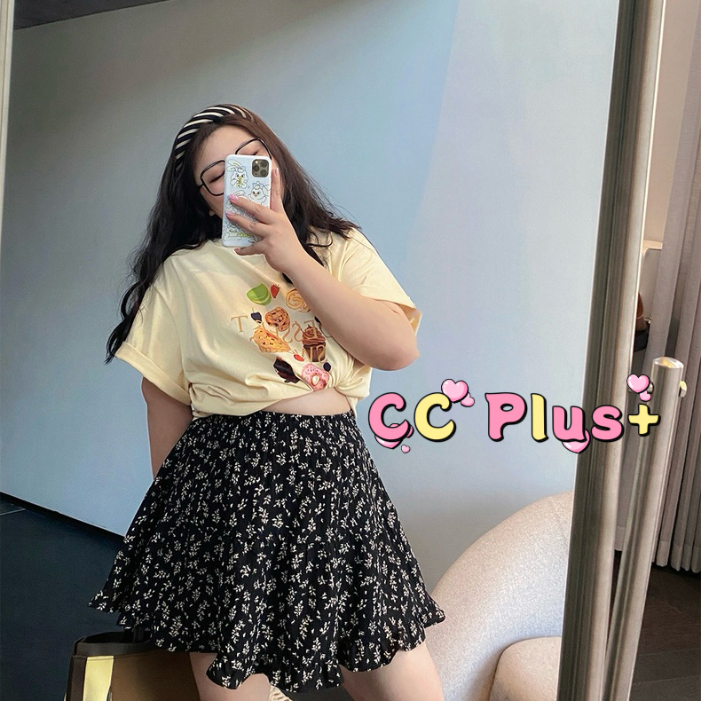 CiCi Plus+(2805)กระโปรงสั้น ลายดอกไม้เอวสม๊อกมีซับด้านใน แต่งระบายน่ารักเวอร์ เหมาะสำหรับสาวพลัสไซส์
