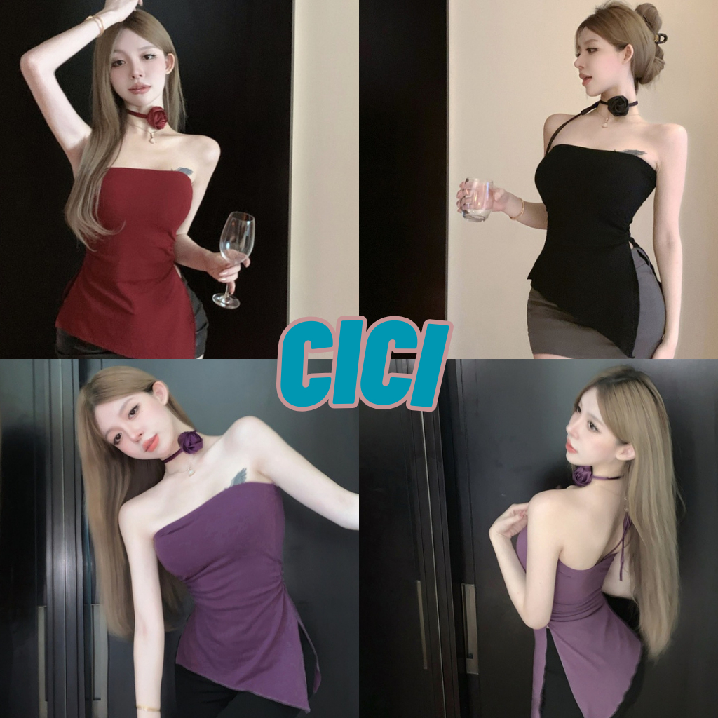 ส่งทันที Cici(NO. J915)เกาะอกจ้ำข้างพร้อมดีเทลผ่าด้านข้าง แถมโชกเกอร์ดอกไม้ สามารถจับแมท์ได้หลากหลาย สไตล์อเมริกัน