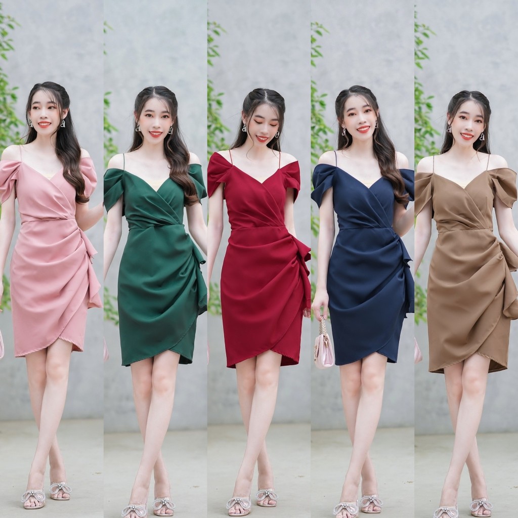 Fashion In My Life เดรสเปิดไหล่ มีสายคล้อง มี 5 สี ชมพู เขียว แดง กรม น้ำตาล