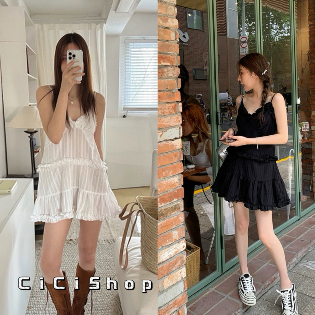 Cicishop(J930)มินิเดรสสายเดี่ยวสายปรับได้ ดีเทลเลเยอร์ผ้าบาง ให้ลุคขี้เล่นซุกซนน่าค้นหาสุดๆ