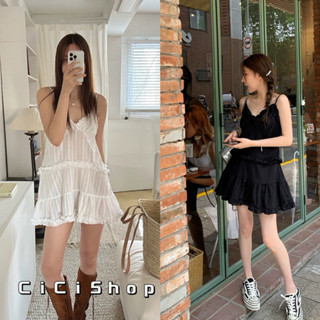 Cicishop(J930)มินิเดรสสายเดี่ยวสายปรับได้ ดีเทลเลเยอร์ผ้าบาง…