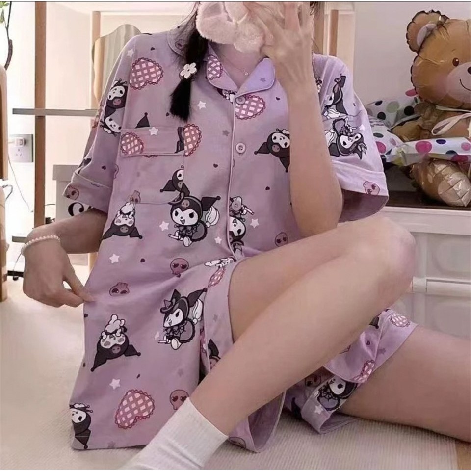 ชุดนอนผู้ใหญ่ แขนสั้น ขาสั้น ชุดนอนน่ารักลายการ์ตูน ชุดนอนผ้าคอตตอน/ผ้าฝ้าย ชุดนอนผู้หญิง #คุโรมิ