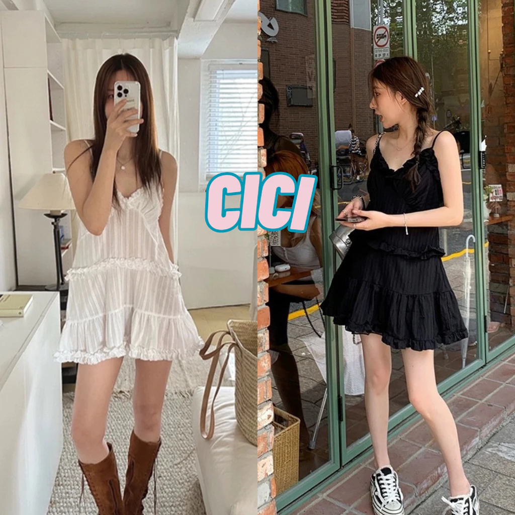 ส่งทันทีCici (NO. J930) มินิเดรสสายเดี่ยว สายปรับได้ ดีเทลเลเยอร์ ผ้าบาง ชายระบาย สไตล์สาวเกาหลี
