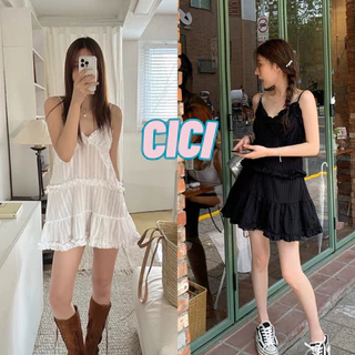 ส่งทันทีCici (NO. J930) มินิเดรสสายเดี่ยว สายปรับได้ ดีเทลเลเยอร์ ผ้าบาง ชายระบาย สไตล์สาวเกาหลี