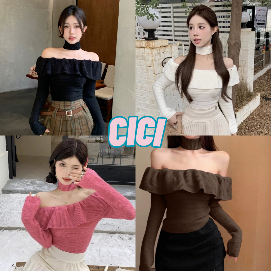 Cici(NO.C1773)เสื้อครอปเเขนยาวไหมพรม ปาดไหล่ ระบายรอบอก มาพร้อมโชกเกอร์ สไตล์เกาหลี