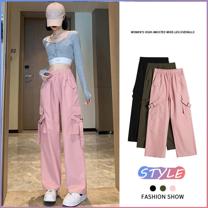 STYLE 🔥พร้อมส่ง🔥 2576* สไตล์อเมริกัน กางเกงคาร์โก้ ขากว้าง เอวสูง มีกระเป๋า y2k 3สี ใส่ได้ทั้งขาจั๊ม
