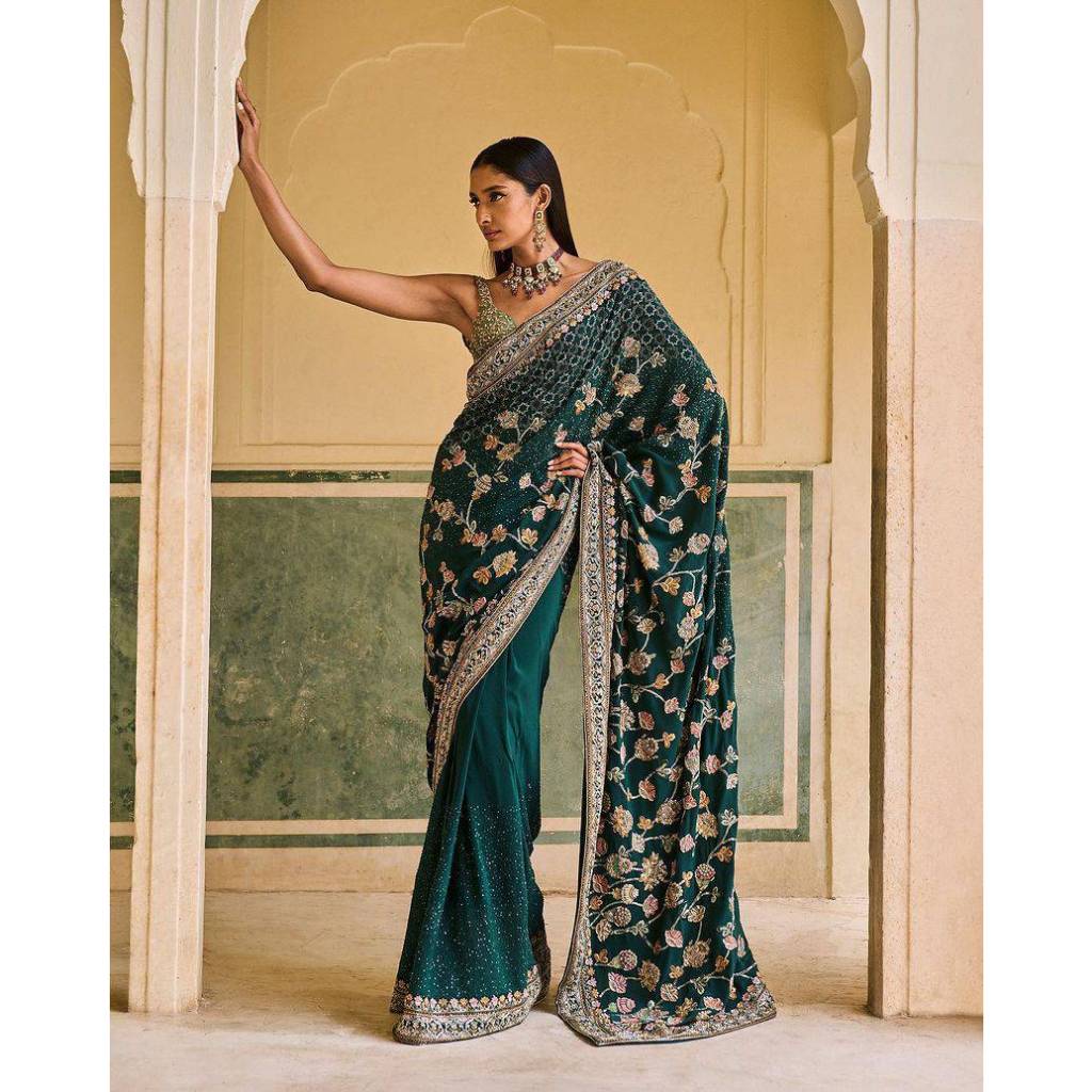 Saree fabric:WEDDING WEAR COLLECTION   more peach colour faux geogert fabric sarees with heavy zari 