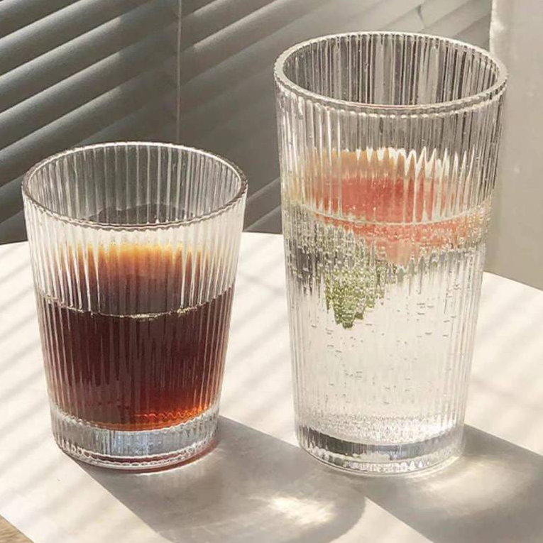 แก้วน้ำลายริ้ว สไตล์มินิมอล แก้วกาแฟ แก้วน้ำใส Glass Cup INS Style