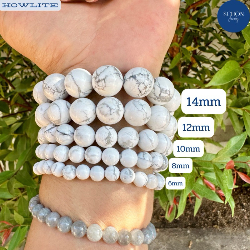 HL สร้อยข้อมือหินมงคล ฮาวไลท์(Howlite) 6mm-14mm ร้อยด้วยไหมยืด หินสีขาวลายดำเทา หินแห่งการผ่อนคลาย