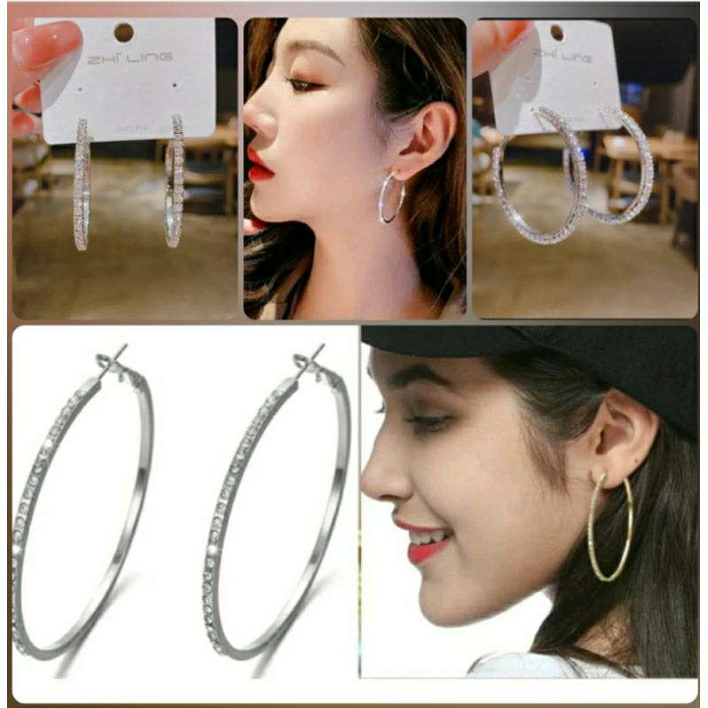 พร้อมส่ง ต่างหูห่วงคริสตัล ตุ้มหูห่วงเพชร ต่างหูเพชรออกงานแต่ง ต่างหูห่วงใหญ่ๆ