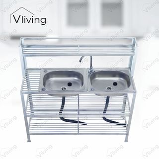 Vliving ซิ้งค์ล้างจาน อ่างล้างจาน สแตนเลส A 2หลุม 3ชั้น มีข้าง มีบน โครงอลูมิเนียม