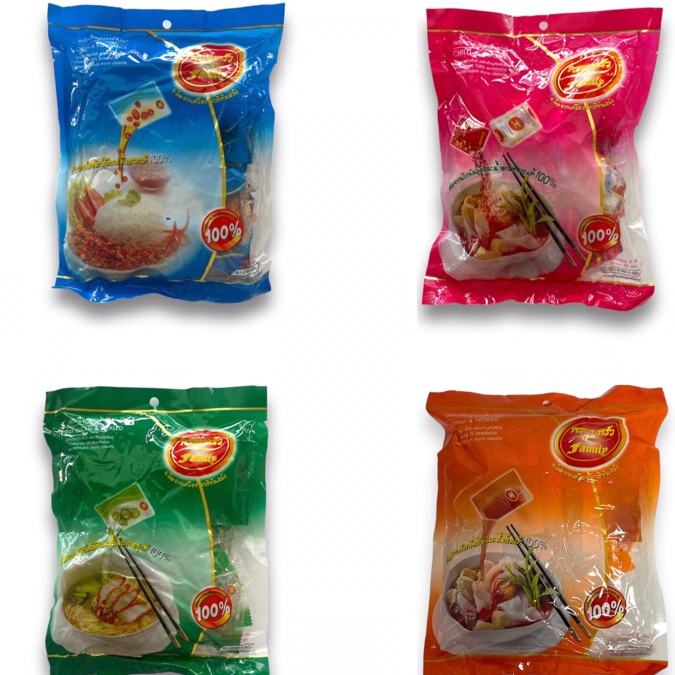 (ลด50%ในlive) พริกน้ำปลา/ พริกขี้หนูป่นและน้ำตาล/ พริกน้ำส้มหั่น ตราครอบครัว 8กรัมx50ซอง