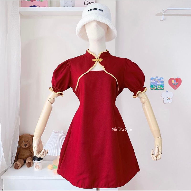 พร้อมส่ง เดรสกี่เพ้าแต่งกุ้นสีทอง ชุดตรุษจีน