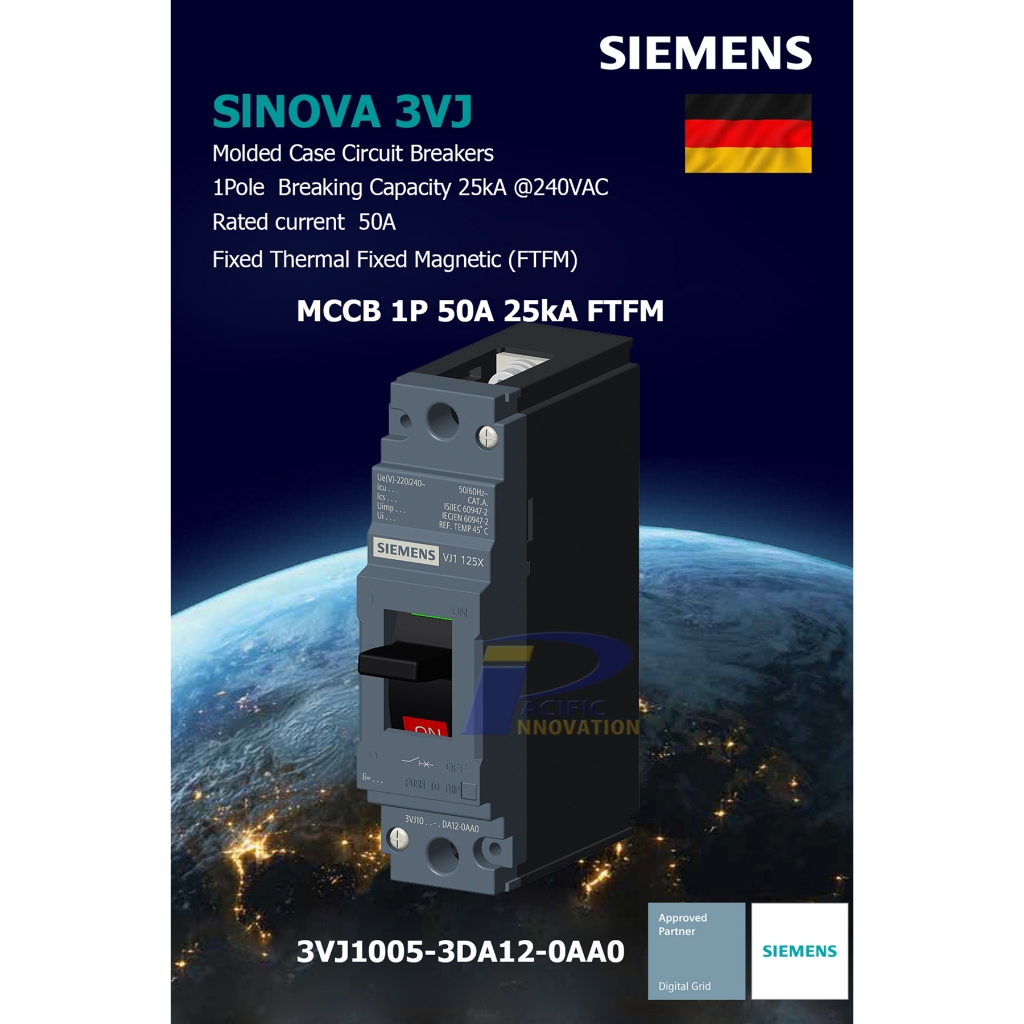 Siemens MCCB  Sinova3VJ10 1Pole 50A 25kA@240V [3VJ1005-3DA12-0AA0] , 2 Pole 50A 25kA@415V.  FTFM [3V