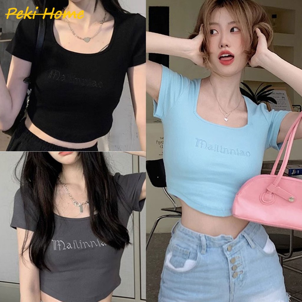 เสื้อครอปแขนสั้น เอวลอย สีพื้น ใส่สบาย