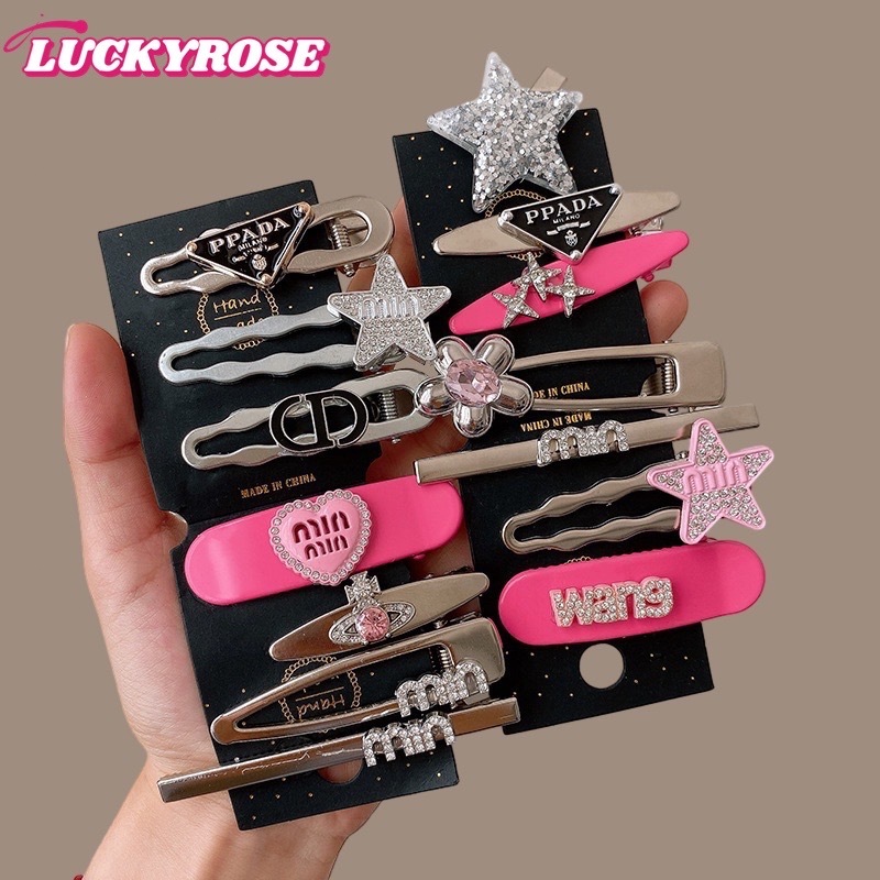 กิ๊บติดผม หน้าม้า สีชมพู ด้านข้าง ลายดาว สําหรับผู้หญิง Y2K