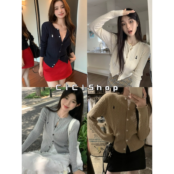 Cicishop(15321-1)เสื้อคาร์ดิแกนเเขนยาว ผ้าไหมพรม กระดุมหน้าใช้งานได้จริง สไตล์ฝรั่งเศษ