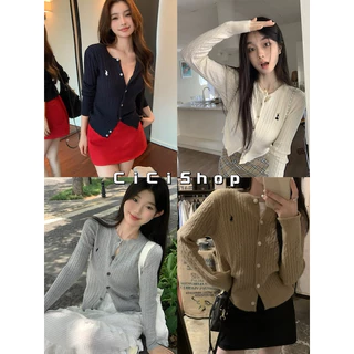 Cicishop(15321-1)เสื้อคาร์ดิแกนเเขนยาว ผ้าไหมพรม กระดุมหน้าใช้งานได้จริง สไตล์ฝรั่งเศษ