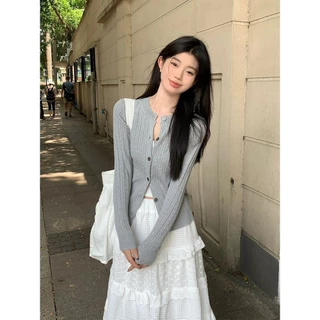 ส่งทันที Cici(NO. 15321-1)เสื้อคาร์ดิแกนเเขนยาว ผ้าไหมพรม กระดุมหน้าใช้งานได้จริง สไตล์ฝรั่งเศษ