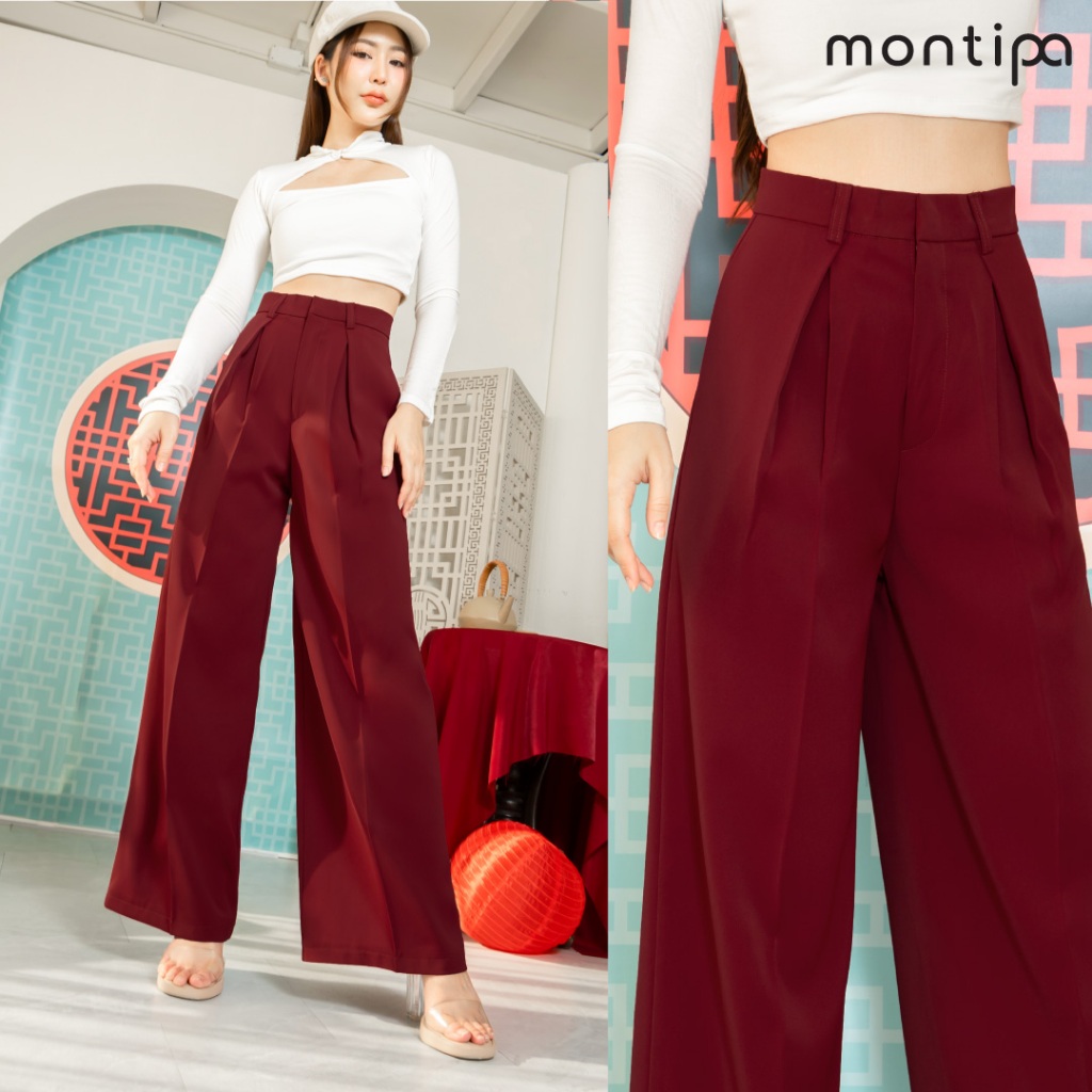 Montipa กางเกงทรงกระบอกใหญ่ ตะขอหน้าและซิปหน้า ดีเทลแต่งจีบทวิส ผ้า Comfort 41PWL46