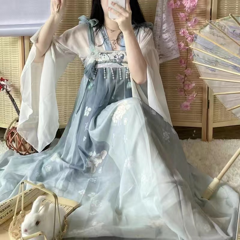 ต้นฉบับ Hanfu ผู้หญิงทุกวัน Han องค์ประกอบกระโปรงยาวหน้าอกชิ้นเดียวพิมพ์ชุดสูทฤดูร้อน