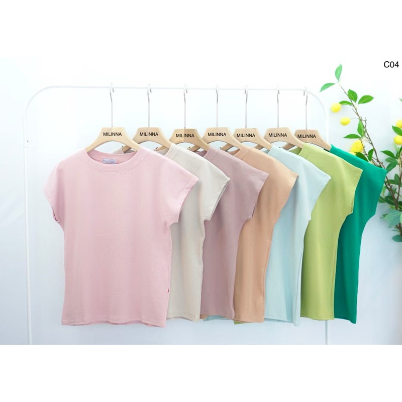 Acasey เสื้อยืดผู้หญิง คอกลมแขนเต่อ เนื้อผ้าร่องคอนตอน รูปที่ 8