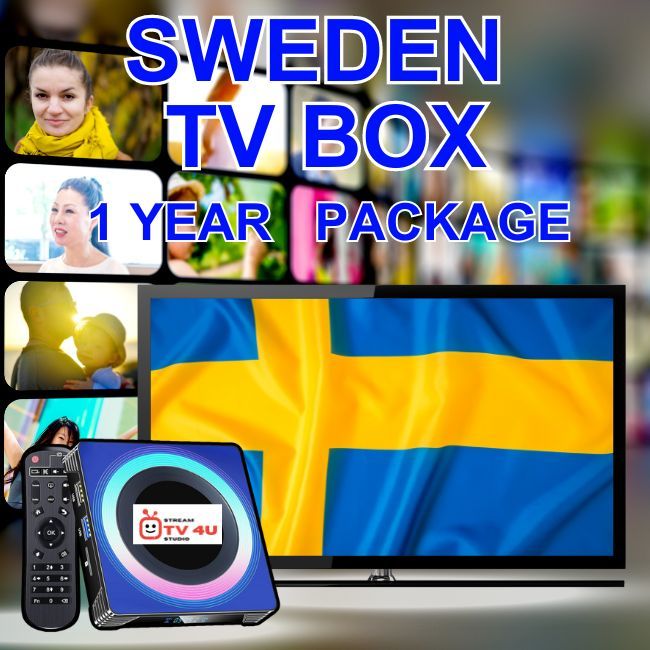 SWEDEN TV box + 1 Year IPTV package, TV online through our awesome TV box. And ready to use, clear picture 4K FHD.