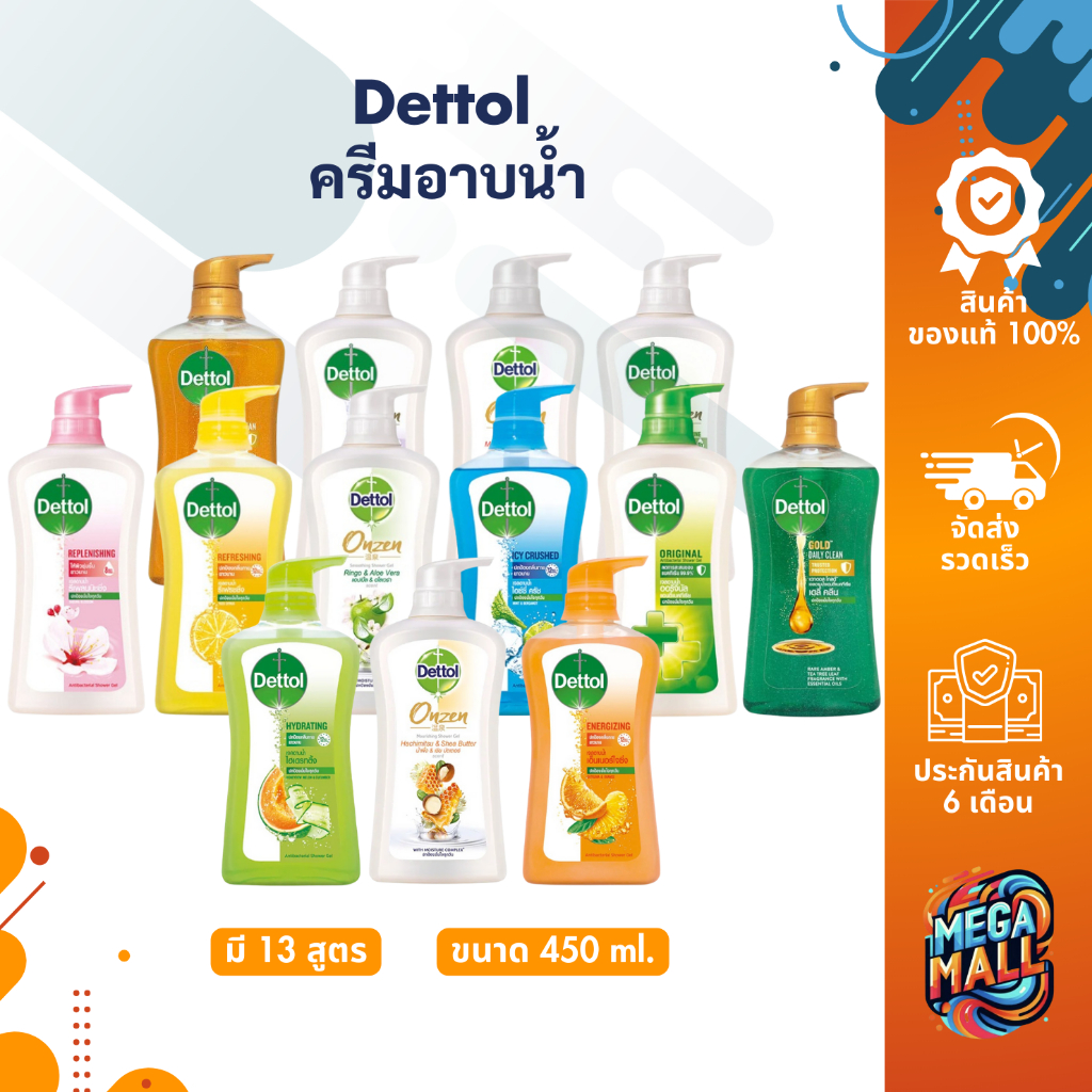 Dettol เดทตอล ครีมอาบน้ำ 450มล. เจลอาบน้ำ สบู่เหลว สดชื่น ผิวสุขภาพดี ป้องกันเชื้อแบคทีเรีย 99.99%