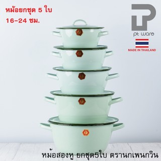ยกชุด 5ใบ หม้อ หม้อเคลือบ 2 หู หม้อเคลือบอินาเมล หม้อสองหู สีเขียวมิ้นท์ ตรานกเพนกวิน ขนาด 16-24cm