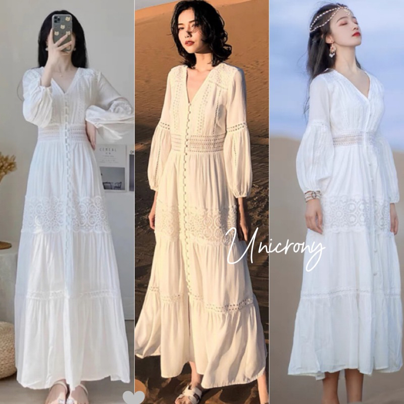 Unicrony พร้อมส่ง เดรสยาวแต่งลูกไม้ มีกระดุมหน้า ใส่เป็นคลุมได้ สวยมาก สไตล์โบฮีเมียน