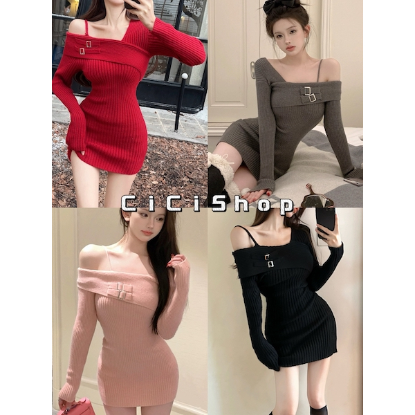 Cicishop(B6310)มินิเดรสเปิดไหล่ไหมพรม ดีเทลเข็มขัดตรงอกตกแต่ง สไตล์ฝรั่งเศส