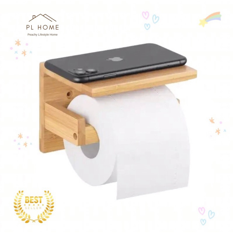 PL24 พร้อมส่ง ที่แขวนทิชชู่ ติดผนัง ที่ใส่กระดาษทิชชู่ พร้อมชั้นวางของในห้องน้ำ ทำจากไม้ยางพาราเกรดA