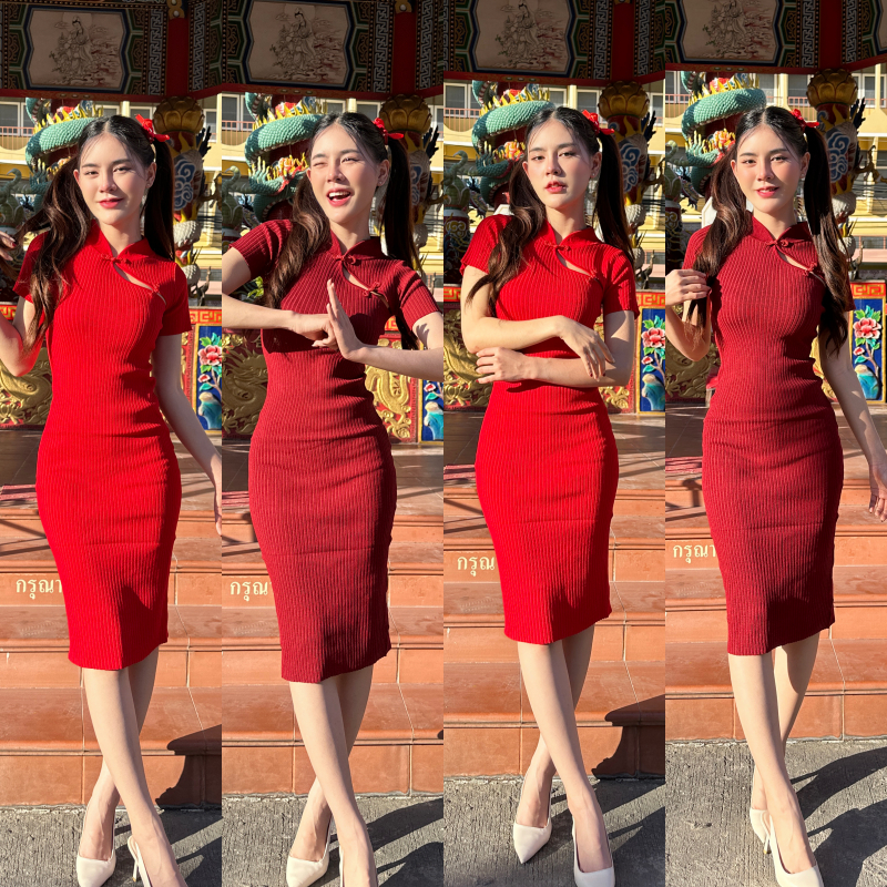 SpinnyHouse เดรสตรุษจีน ผ้าไหมพรมยืดเยอะ ใส่งานทางการ เที่ยวเทศกาลคือได้หมด ใส่ง่าย รุ่น ตรุษจีนผ้าร่อง