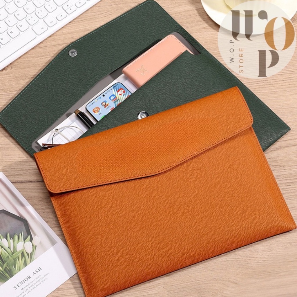 WOP Store พร้อมส่ง แฟ้มใส่เอกสาร A4แบบพกพา  วัสดุเป็นหนังPUกันน้ำได้ สีสันสวยงาม มีกระดุมแป็กปิดเอกสารกันเอกสารหล่น