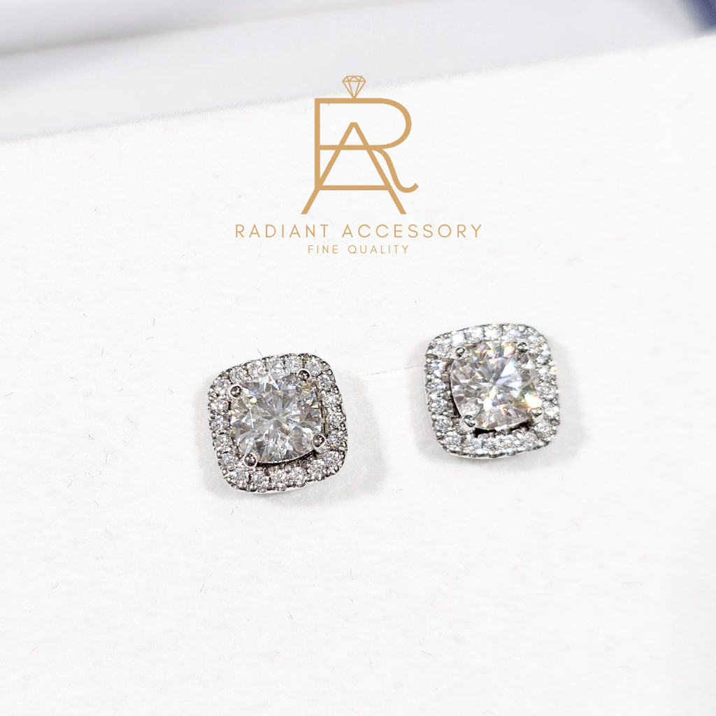 ต่างหูเงินแท้ ต่างหูตุ้งติ้งกลมล้อม ฝังเพชร Moissanite ข้างละ 1 กะรัต ชุบทองคำขาว