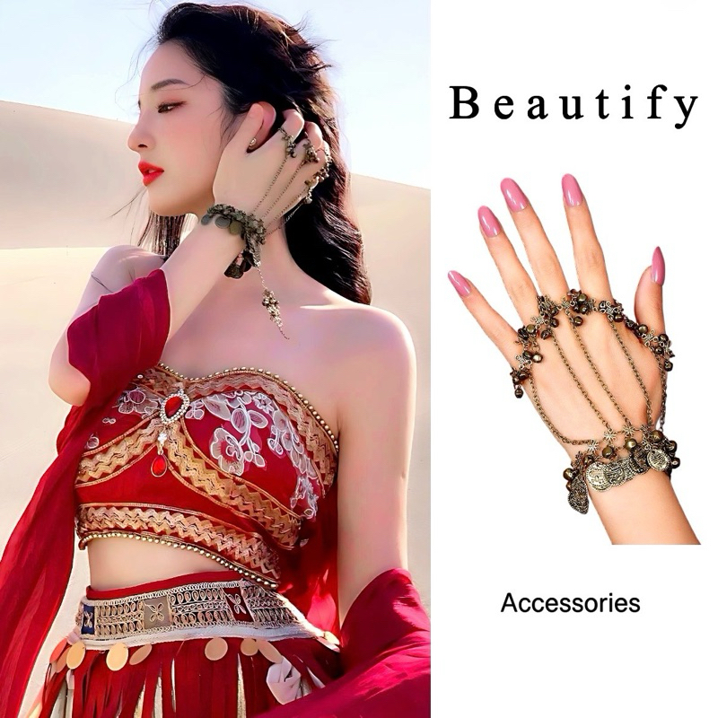 𝓑𝓮𝓪𝓾𝓽𝓲𝓯𝔂สร้อยข้อมือเหรียญกระดิ่งสวมนิ้ววินเทจสไตล์จีนอินเดียสำหรับเป็นพร็อพเพิ่มความสวยงาม