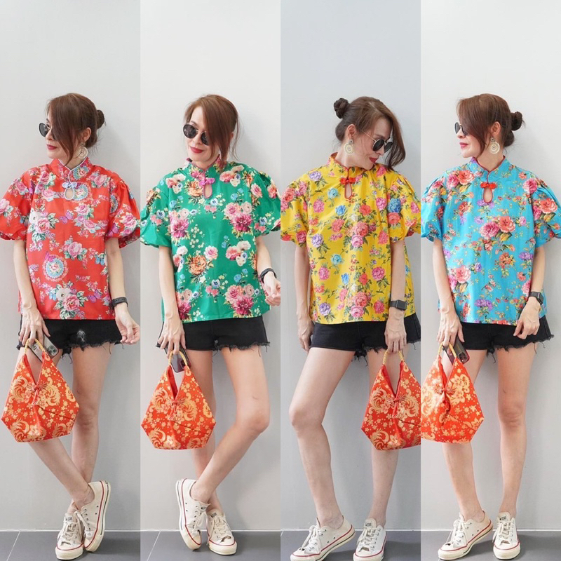 เสื้อตรุษจีน ผ้าไหมอินเดีย​ คอจีนหยดน้ำกุ๊นขอบจับจีบ ป้าย Perfect Style