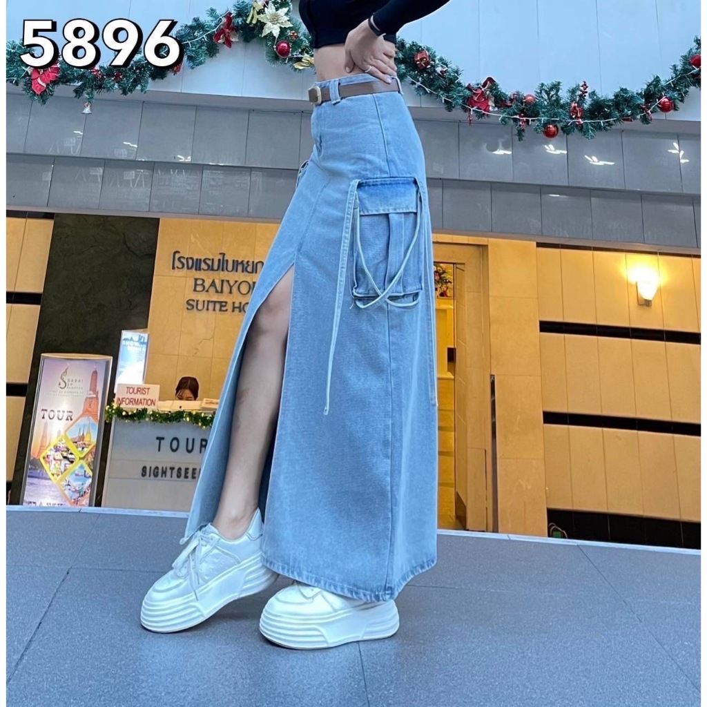 AL-5896# กระโปรงคาร์โก้ เอวสูงไม่ยีนส์ยืด แต่งผ่าหน้า ทรงคาร์โก้กระเป๋าสองข้าง ความยาวเต็ม ต้องมีติดตู้แล้ว